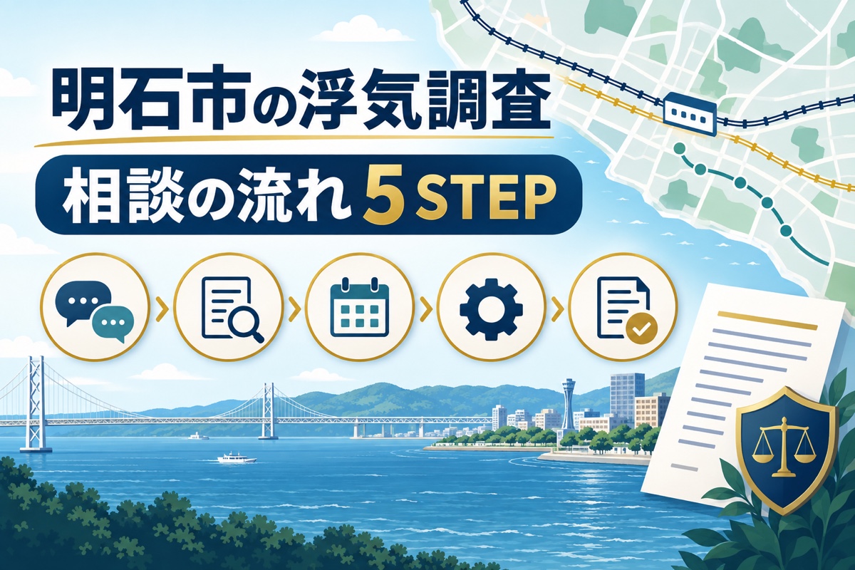 明石市の海沿いの抽象地図と鉄道、浮気調査の相談から契約前確認までの5段階を示したイメージ