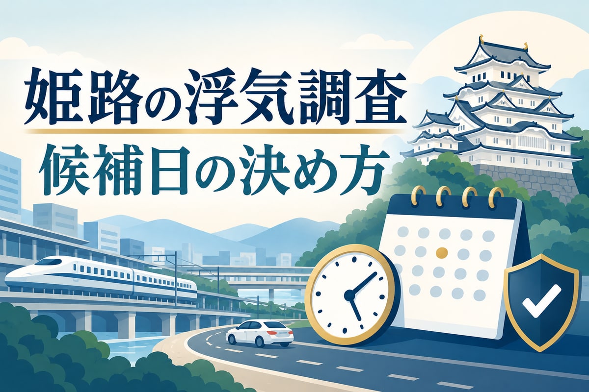 姫路城を想起させる街並みと鉄道・車の経路、カレンダー、時計で浮気調査の候補日を検討するイメージ