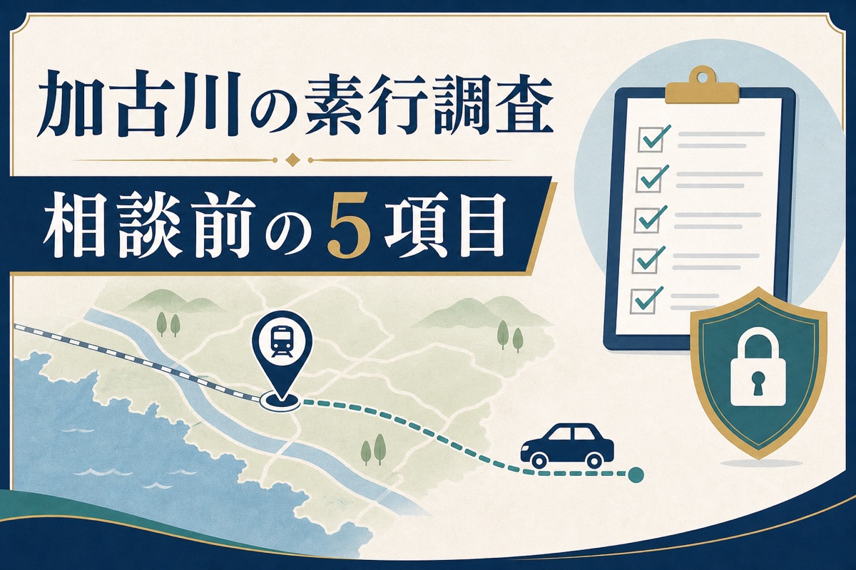 加古川の地図を背景に、素行調査の相談前に確認する5項目と駅・車の移動を示したイメージ