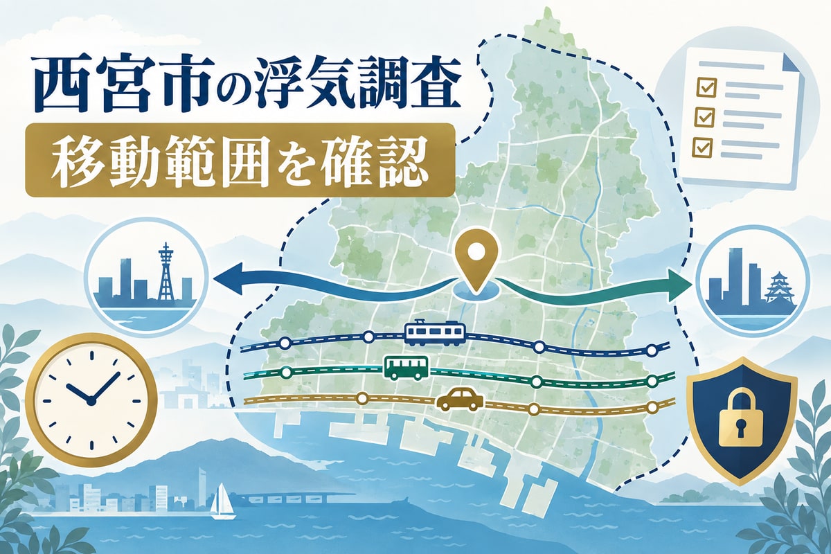 西宮市の抽象地図と複数の交通経路、浮気調査の開始場所から移動範囲を確認するイメージ