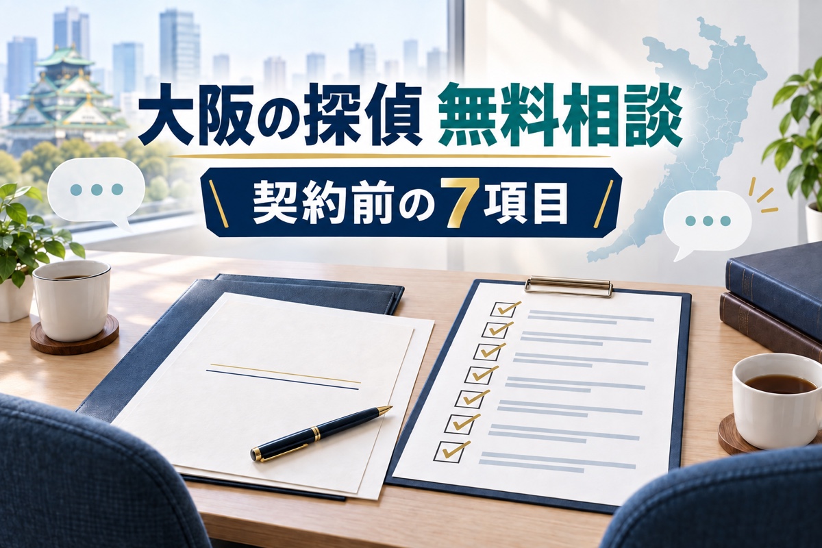 大阪の街並みと地図を背景に、探偵の無料相談で契約前に確認する7項目を示したイメージ