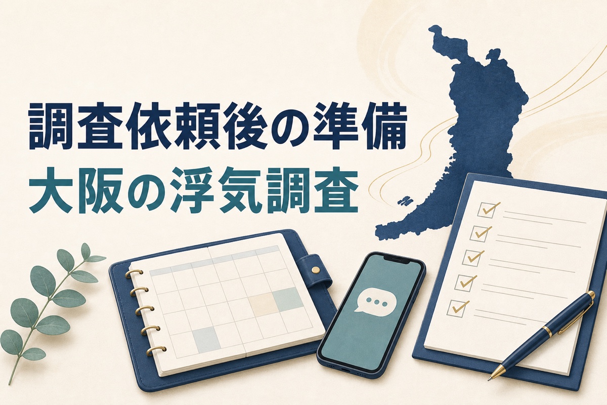 大阪の地図を背景に、浮気調査の依頼後に確認する予定表、連絡方法、注意事項のチェックリストを配置したイメージ