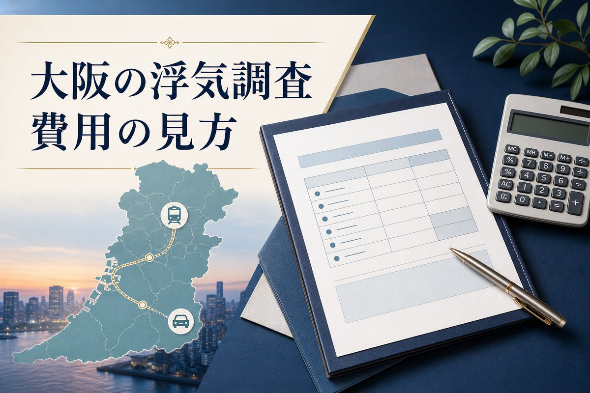 地域の地図、見積書、電卓で浮気調査の費用要素を示すイメージ