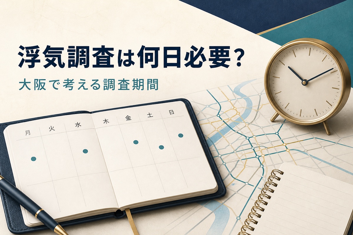 予定表と時計、大阪の地図を組み合わせて浮気調査の日数を検討するイメージ