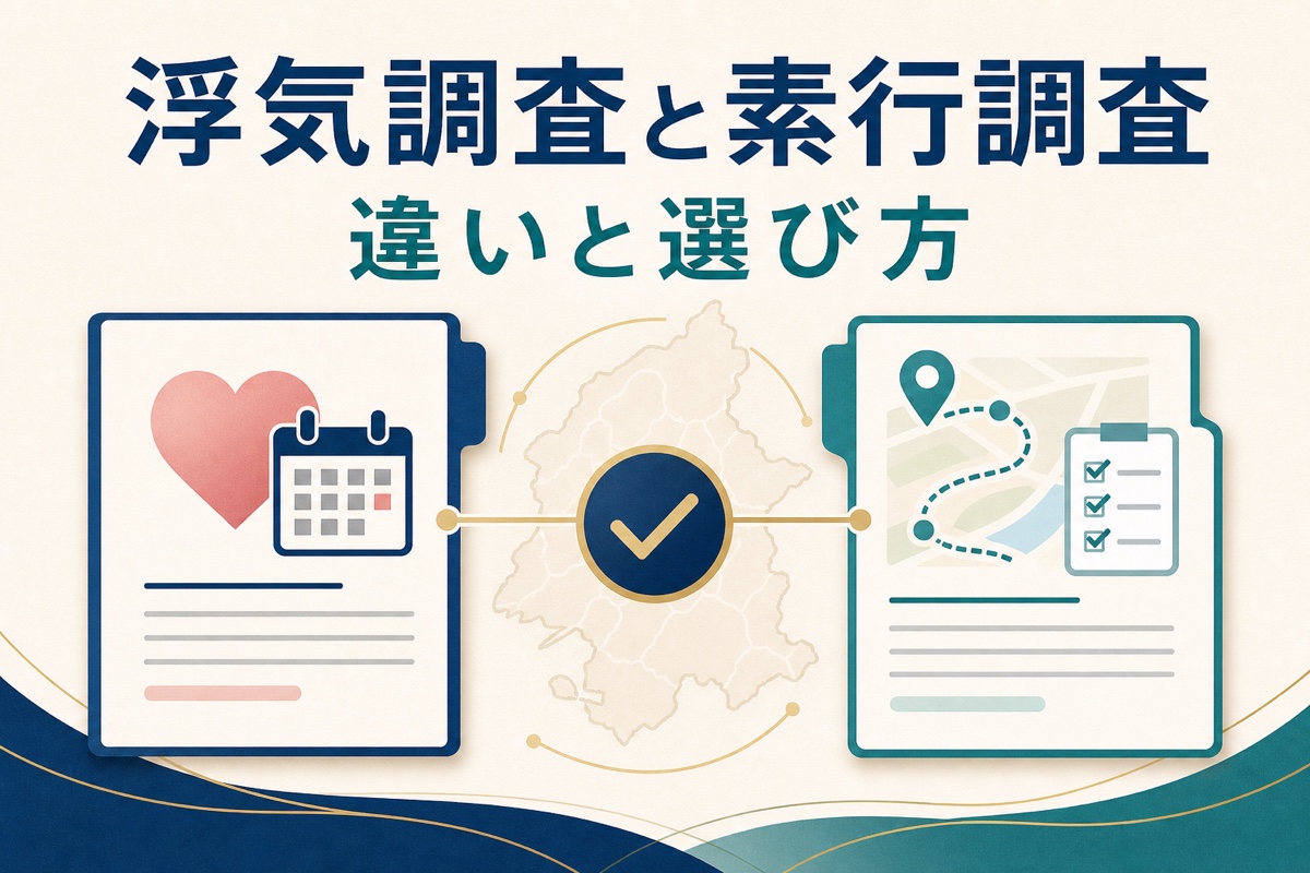 浮気調査と素行調査の違いを、2つの書類と大阪の地図、チェックマークで比較するイメージ