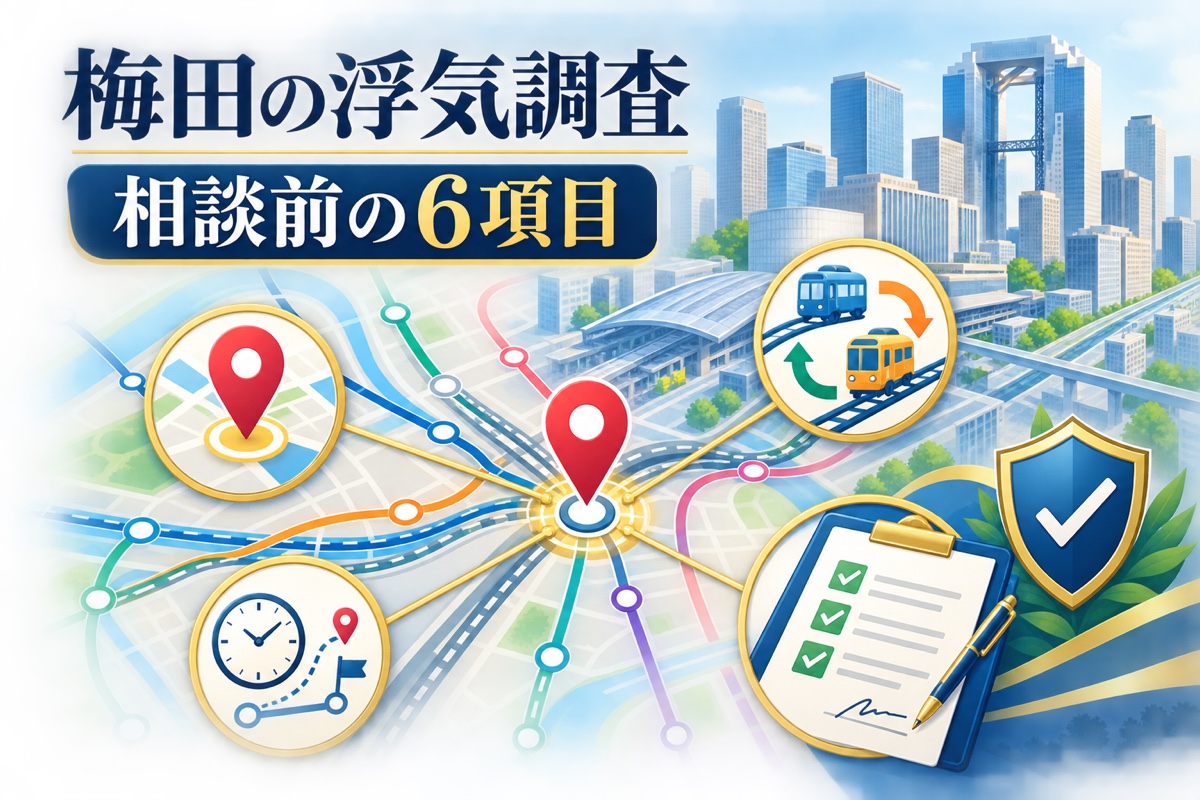 梅田の抽象地図に駅と移動経路、相談前の6項目を示すチェックリストを配置したイメージ